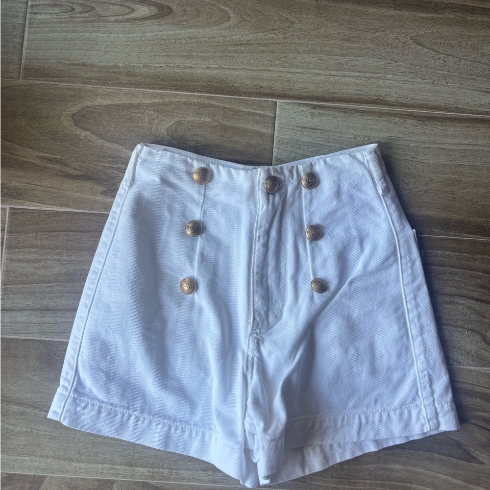 Zara White High Waist Shorts with Gold Buttons